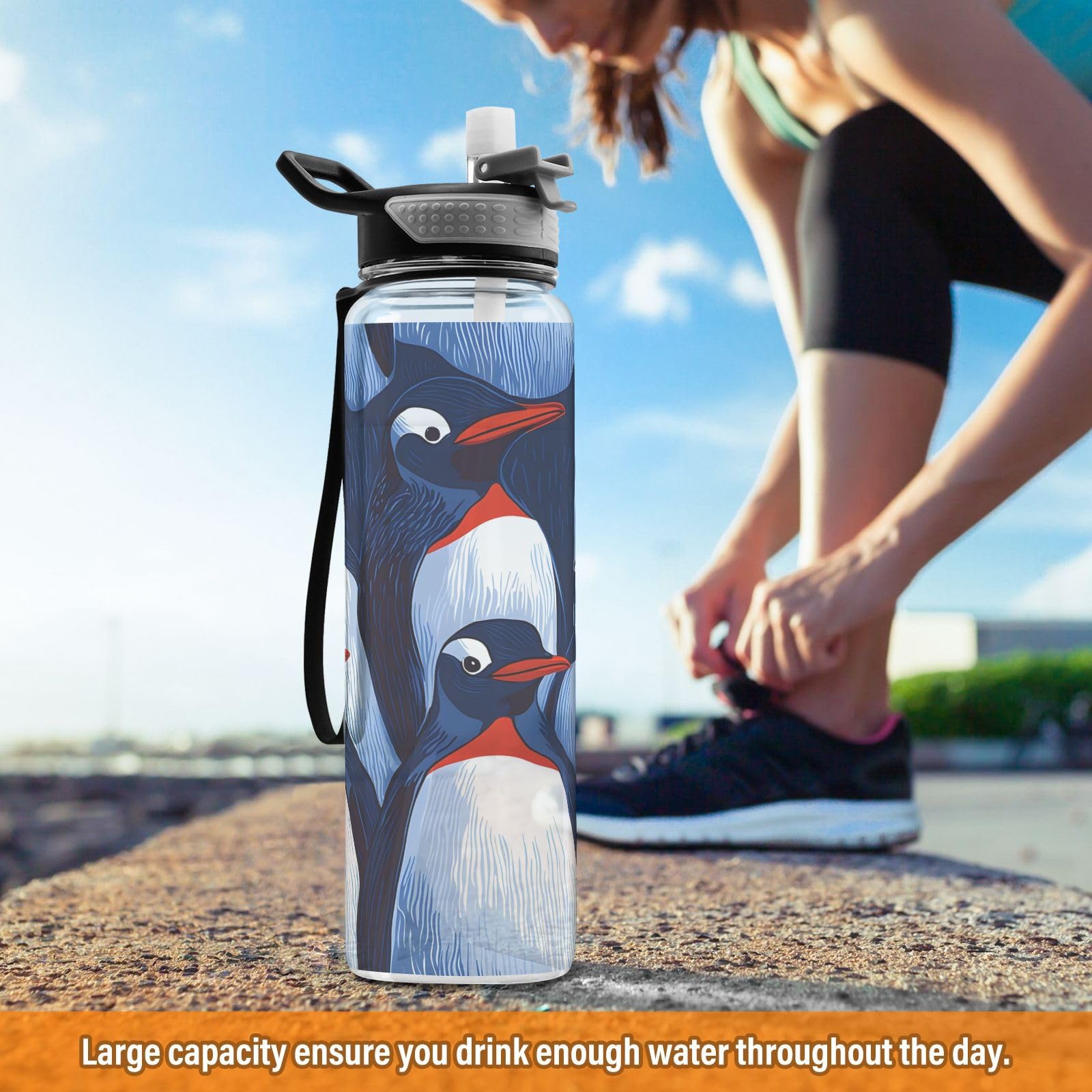 Amazon.com: ALAZA Funny Penguin Water Bottle with Straw Lid 32oz